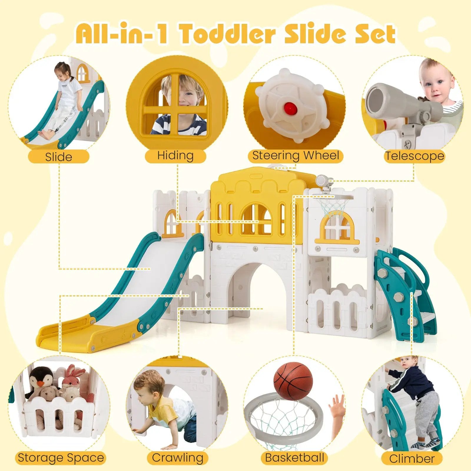 All-in-1 Toddler Slide Playset Playground with Tunnel and Ladder and Basketball by DirectDeals