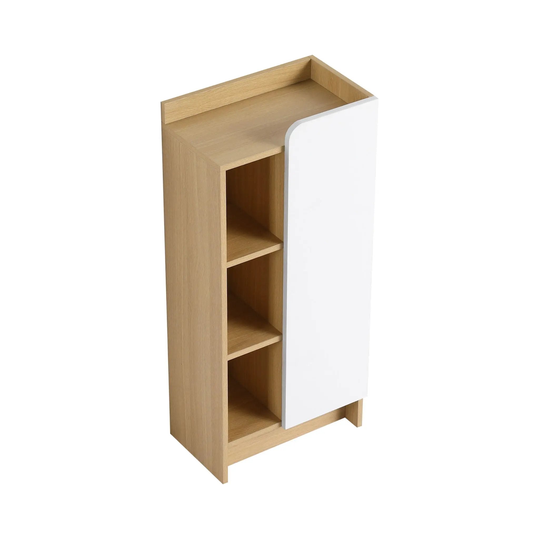Freestanding Bathroom Side Cabinet, Narrow Storage Cabinet With Single Door & 3 Tier Open Shelves - Black / Light Oak / White by Unique Piece Furniture