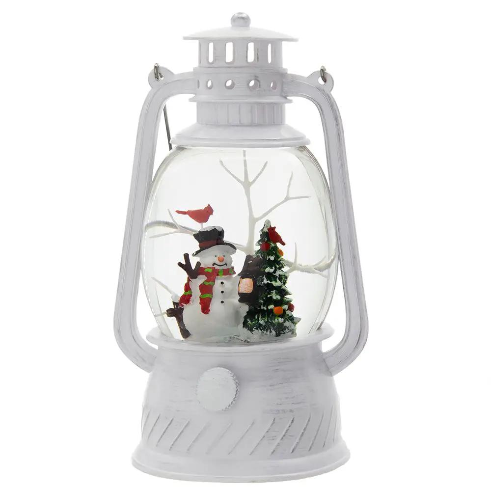Christmas Plastic / Resin Lantern With Snowman & Tree LED / Water Spinning / 6 Hours Timer, 3*AA Batteries Required - White / Multi by Unique Piece Furniture