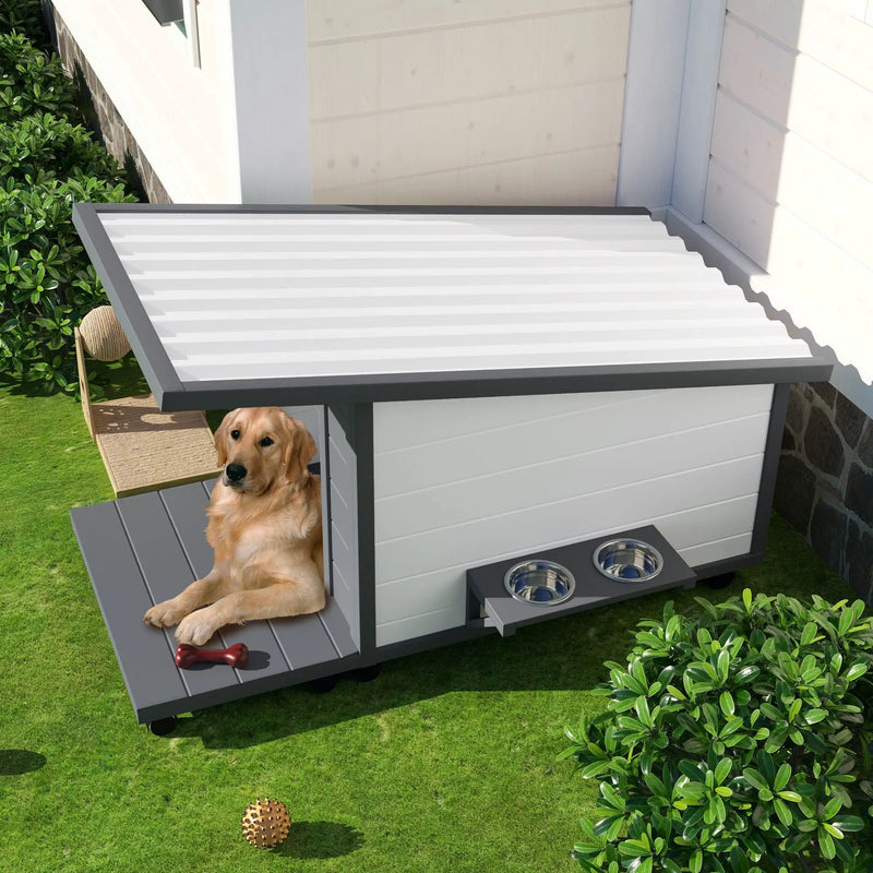 Modern Design Outdoor Dog House With Food Bowl And Wheels Pine - Gray / White by HouseOfZazla