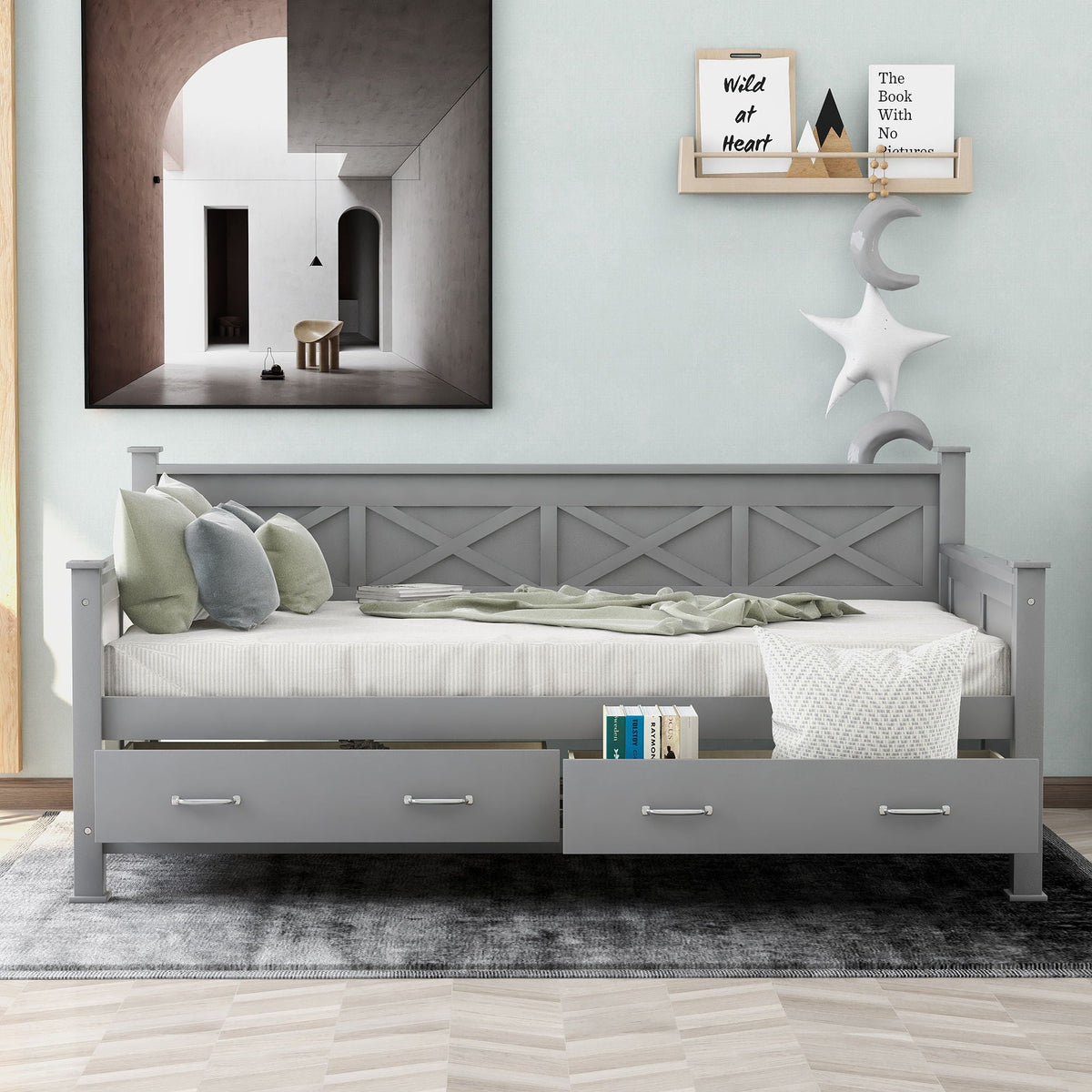 Modern Daybed With 2 Large Drawers, X Shaped Frame, photo 4 of 14
