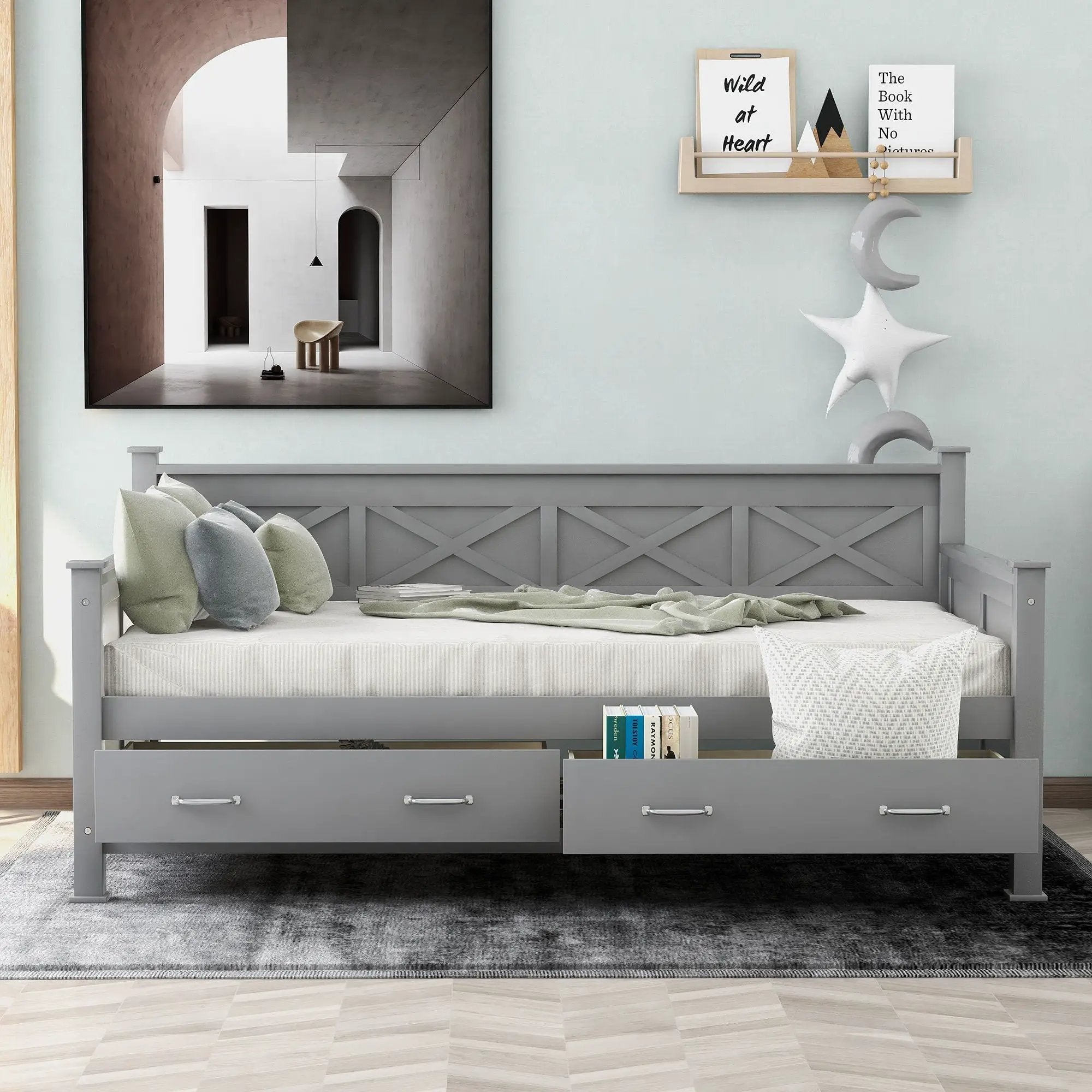 Modern Daybed With 2 Large Drawers, X Shaped Frame by HouseOfZazla