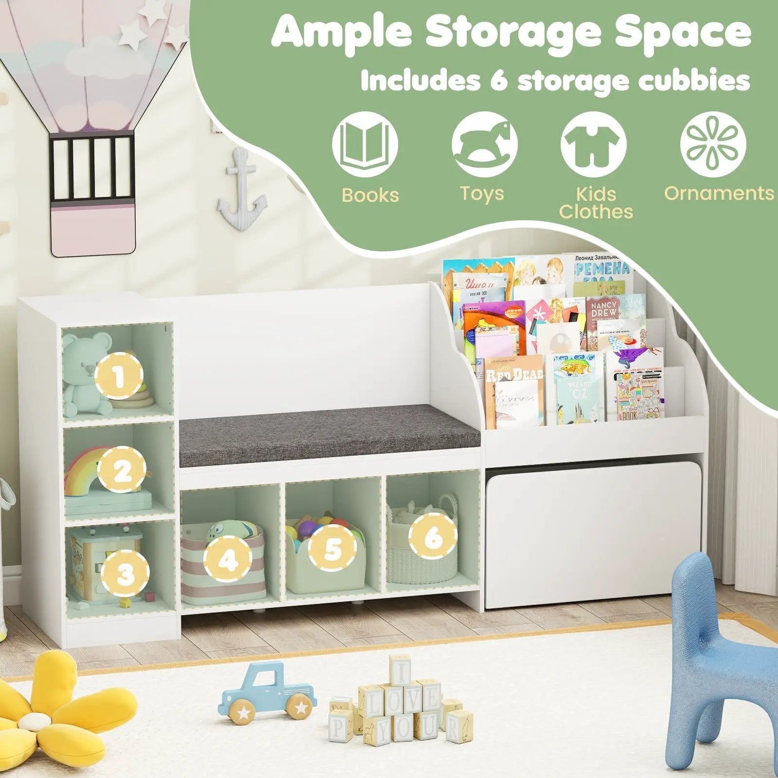 Kids Bookcase with Reading Nook 4-in-1 Standing Toy Organizer-White by DirectDeals