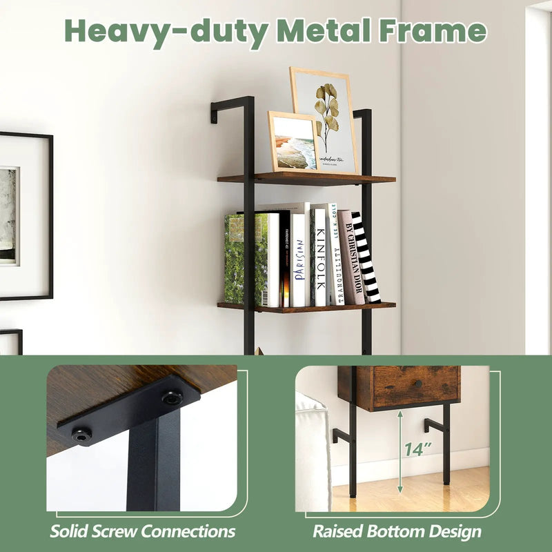 5-Tier Ladder Bookcase with Drawer and Metal Frame for Study Home Office-Rustic Brown by DirectDeals