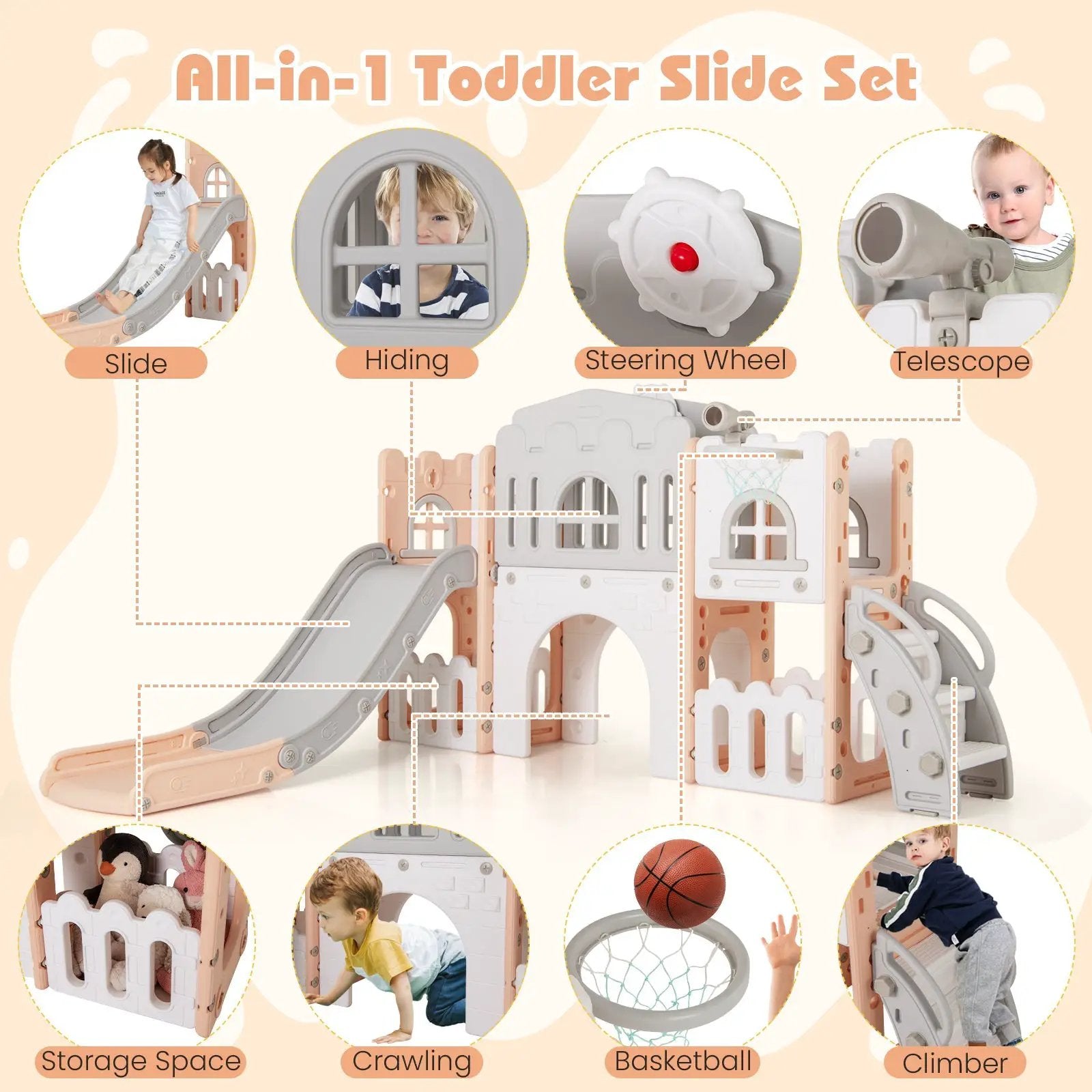 All-in-1 Toddler Slide Playset Playground with Tunnel and Ladder and Basketball by DirectDeals