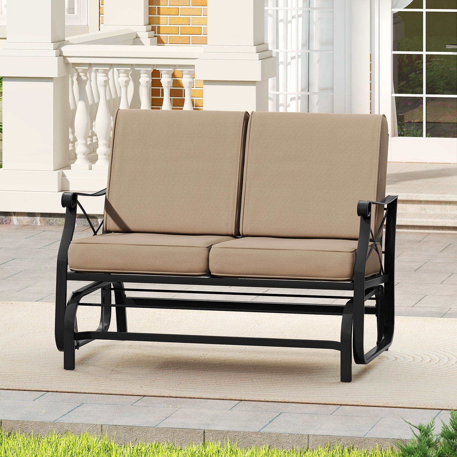 Outdoor 2-Person Glider Rocking Chair Loveseat with Thick Cushions and Metal Frame-Brown by DirectDeals