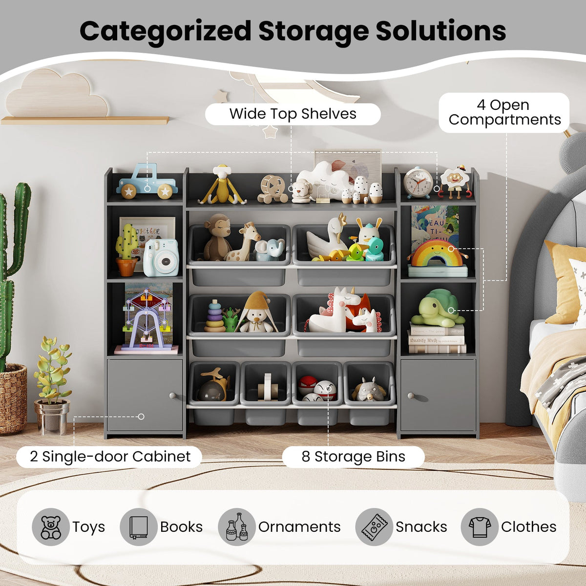 56 inch Large Toy Storage Organizer with 8 Removable Bins and Bookshelf, photo 19 of 24