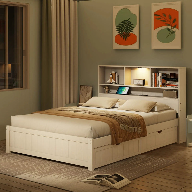 Platform Bed With Bookcase Headboard, Built-In Downlight, Charging Station, And 2 Side Drawers by Unique Piece Furniture