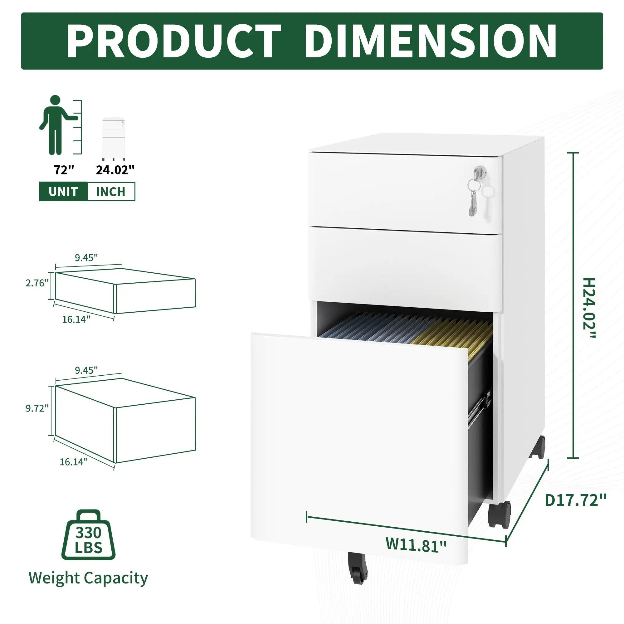3-Drawer Mobile File Cabinet With Lock, On Wheels, Two Shallow & One Deep Drawer For Office/Home, Fully Assembled - White by Unique Piece Furniture