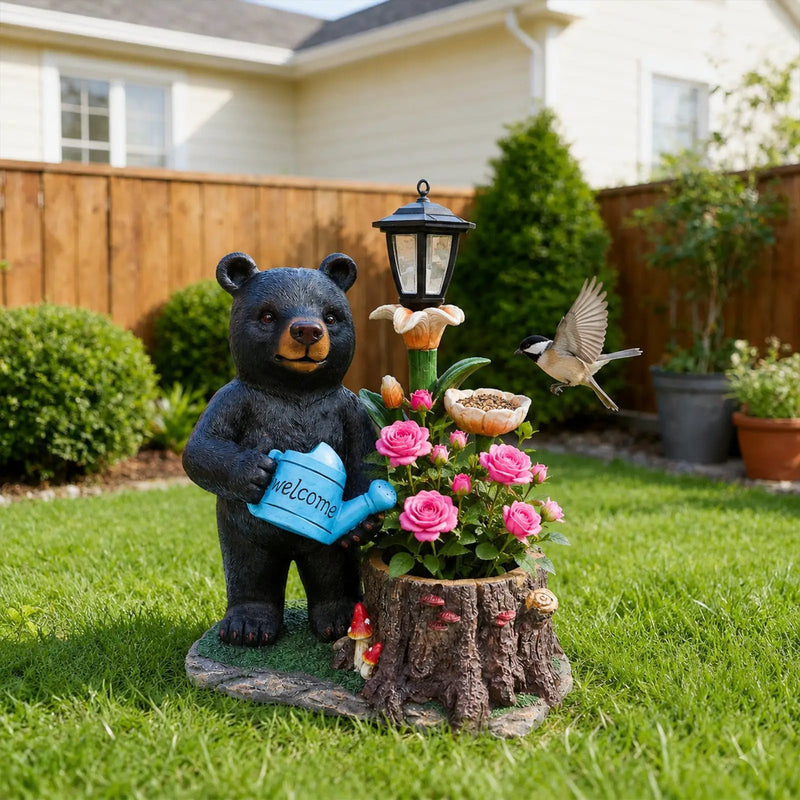 Standing Black Bear Garden Planter with Decorative Solar Lantern by HouseOfZazla