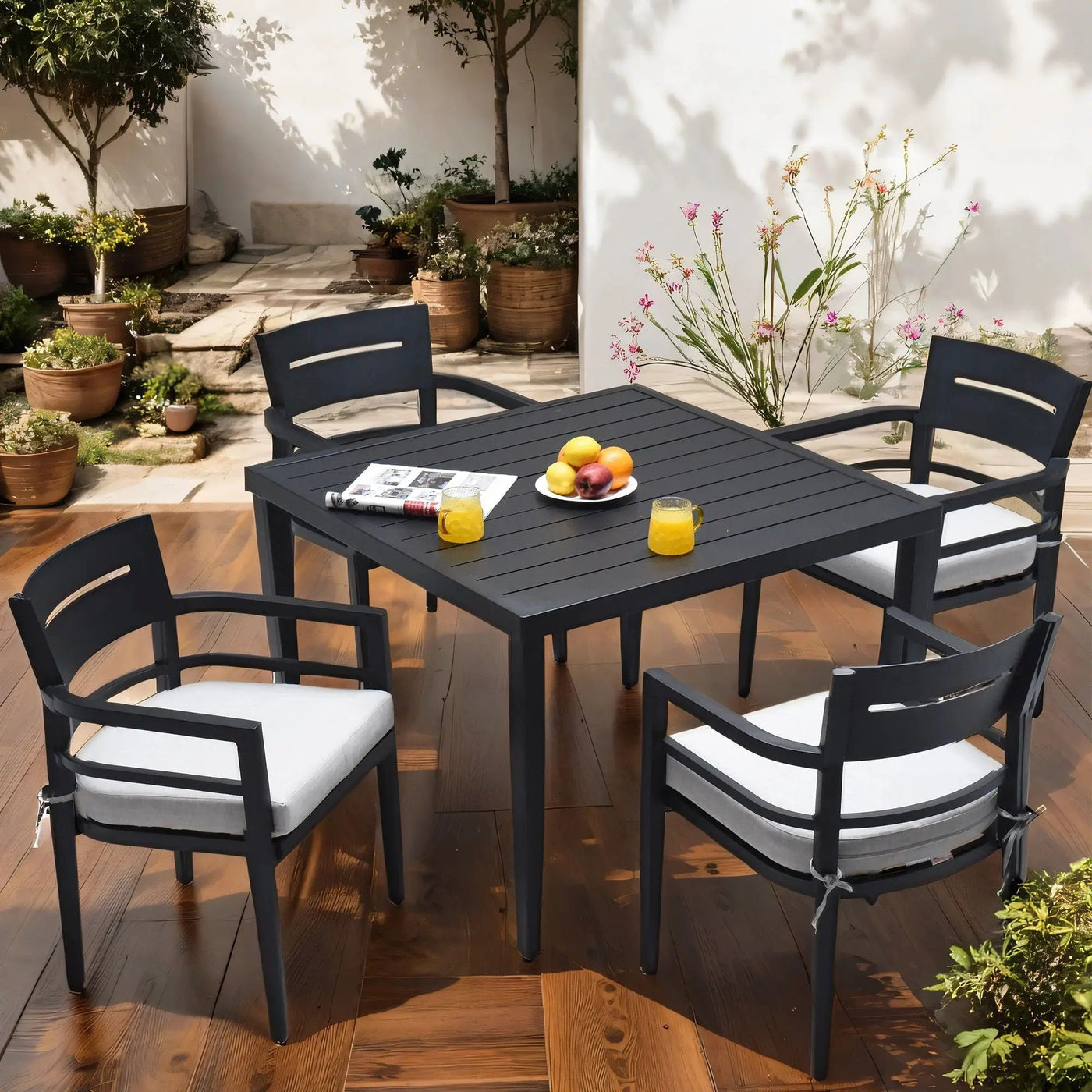 Outdoor Modern Dining Set, Chairs Sunbrella Cushioned And Dining Table With Umbrella Hole by Unique Piece Furniture