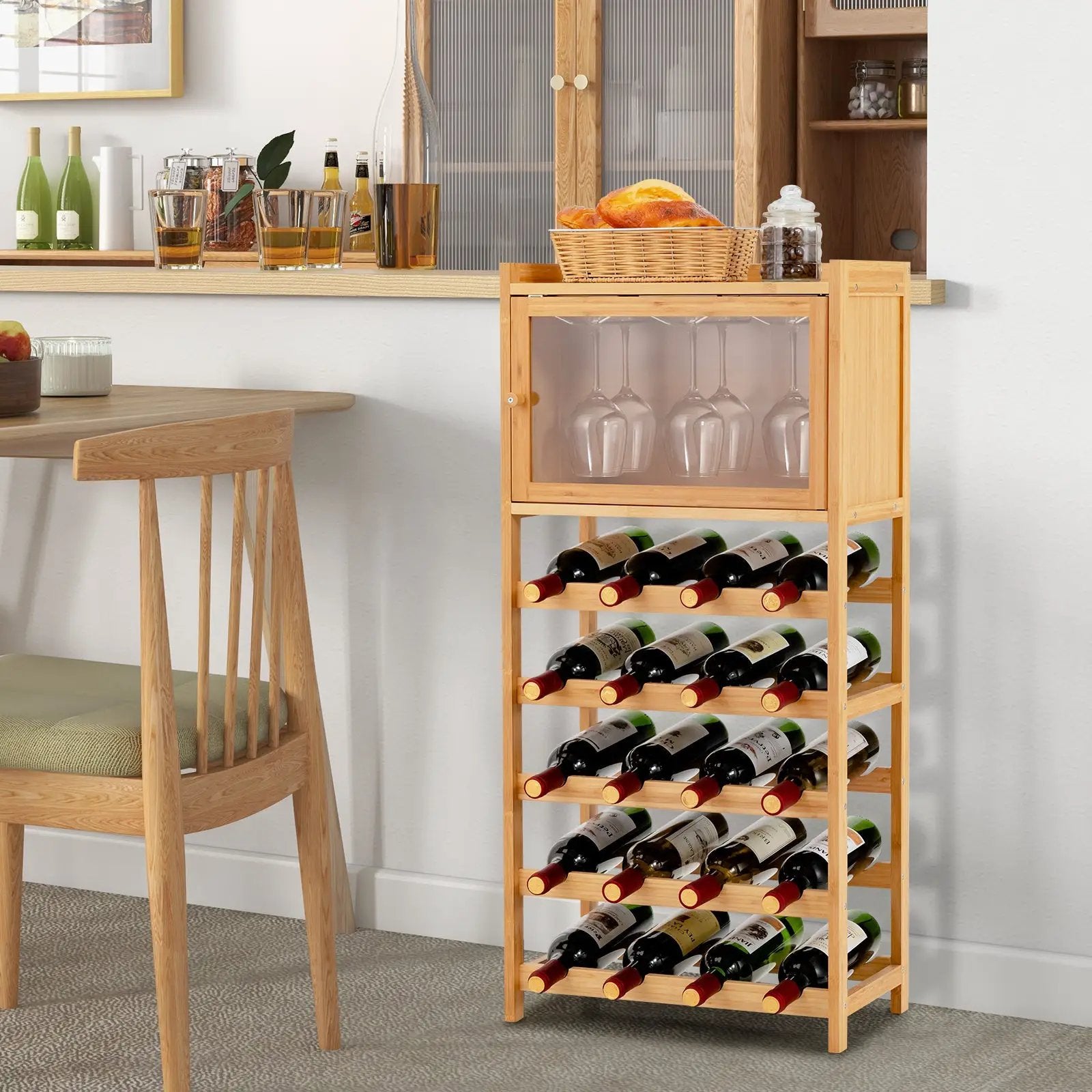 20-Bottle Freestanding Bamboo Wine Rack Cabinet with Display Shelf and Glass Hanger-Natural by DirectDeals