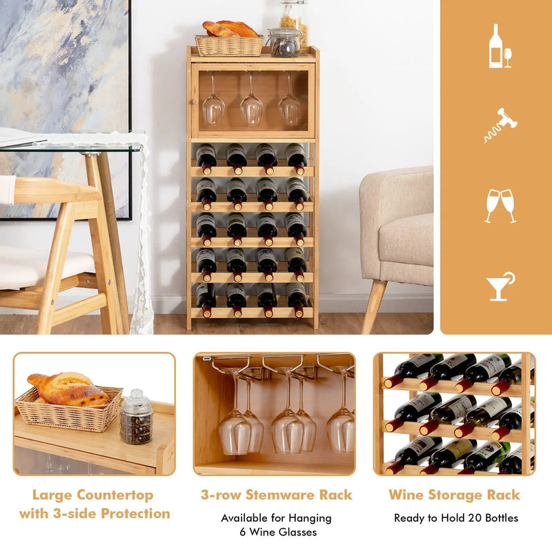 20-Bottle Freestanding Bamboo Wine Rack Cabinet with Display Shelf and Glass Hanger-Natural by DirectDeals