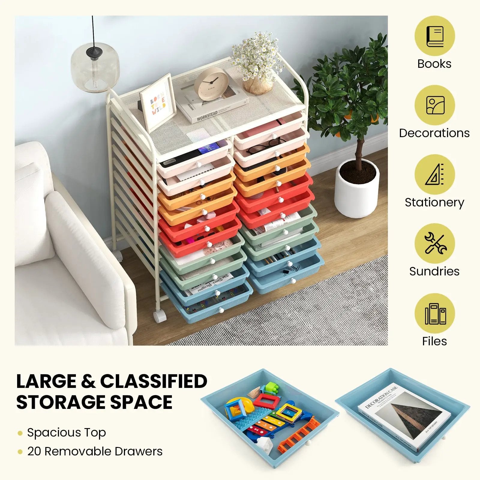 20 Drawers Rolling Storage Cart Studio Organizer-Deep Multicolor by DirectDeals