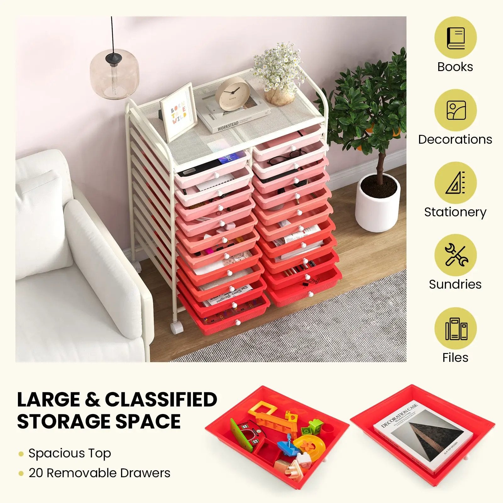 20 Drawers Rolling Storage Cart Studio Organizer-Gradient Pink by DirectDeals