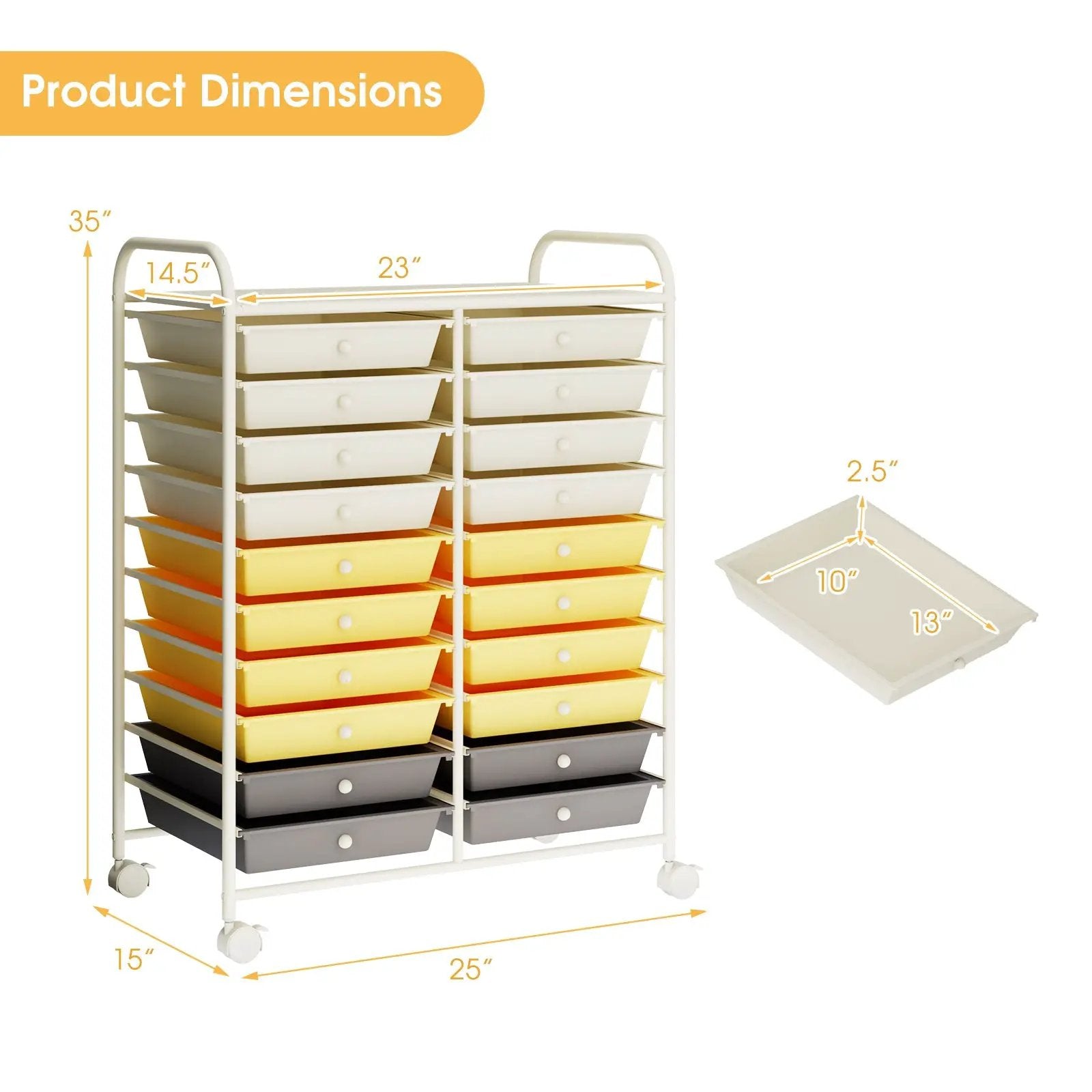 20 Drawers Storage Rolling Cart Studio Organizer-Yellow by DirectDeals