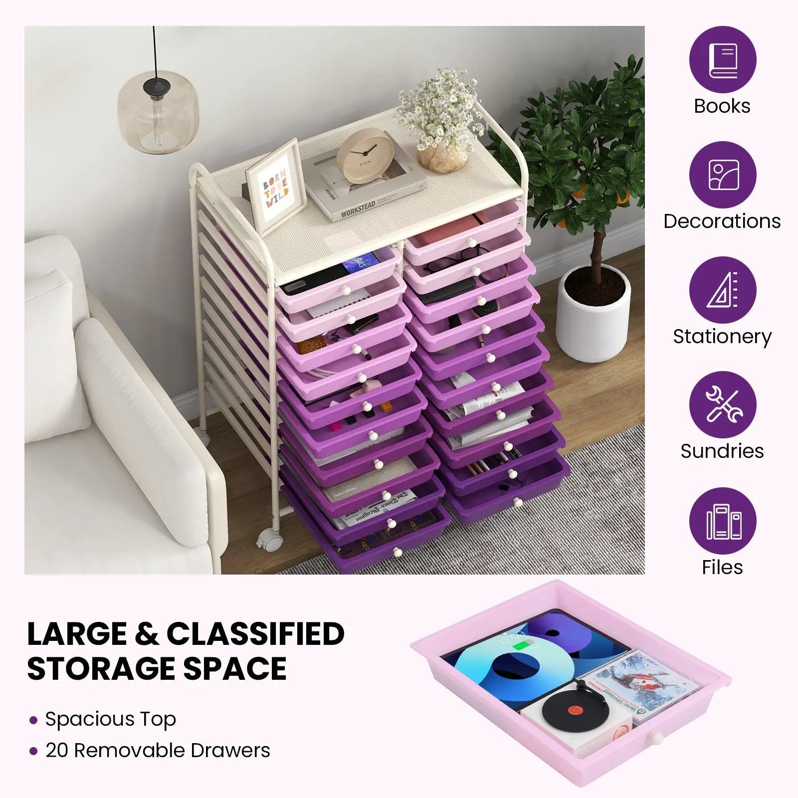 20 Drawers Rolling Storage Cart Studio Organizer-Purple by DirectDeals