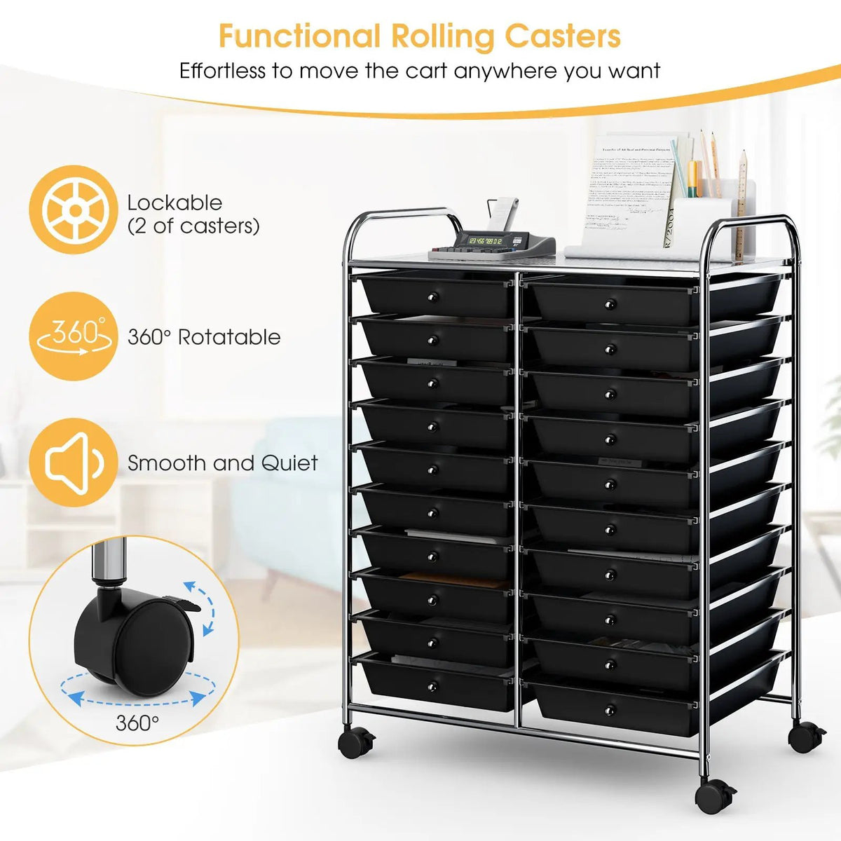 20 Drawers Storage Rolling Cart Studio Organizer-Black, photo 8 of 8