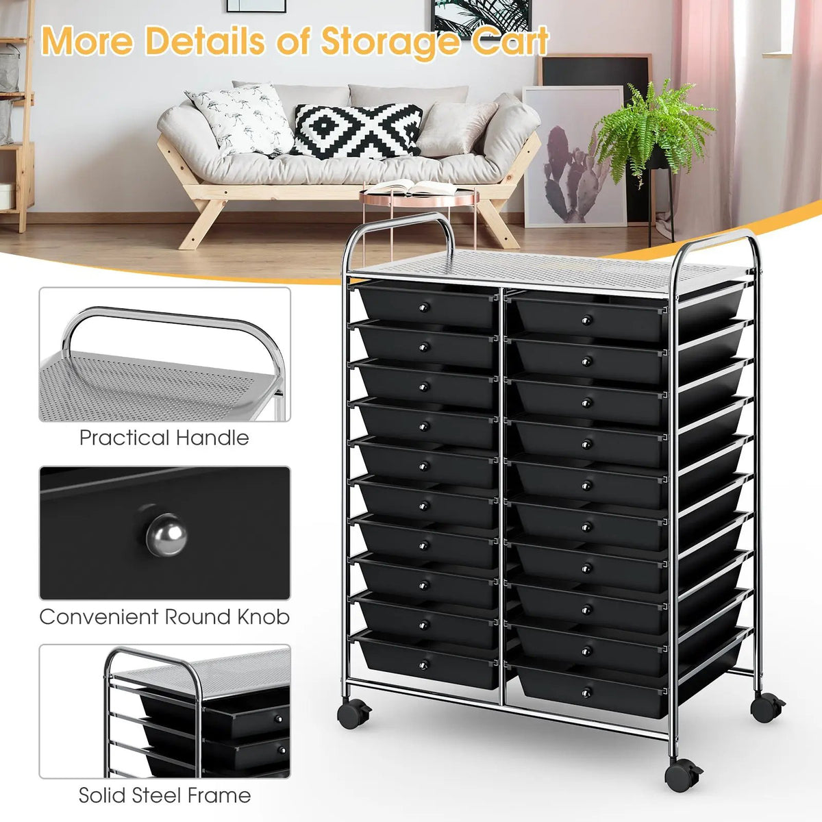 20 Drawers Storage Rolling Cart Studio Organizer-Black, detail