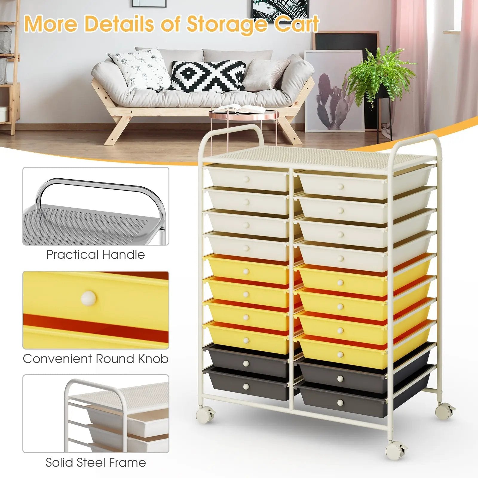 20 Drawers Storage Rolling Cart Studio Organizer-Yellow by DirectDeals