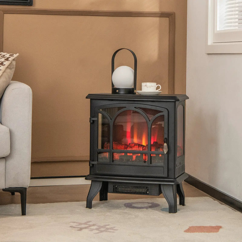 1400W Electric Stove Heater with 3-Level Flame Effect and 3-Sided View-Black by DirectDeals