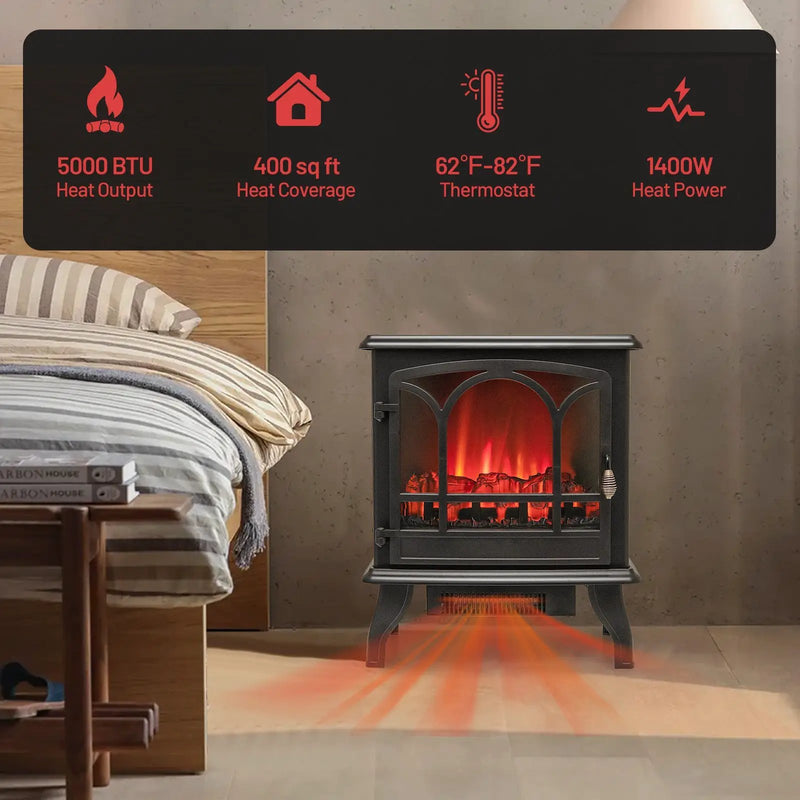 1400W Electric Stove Heater with 3-Level Flame Effect and 3-Sided View-Black by DirectDeals