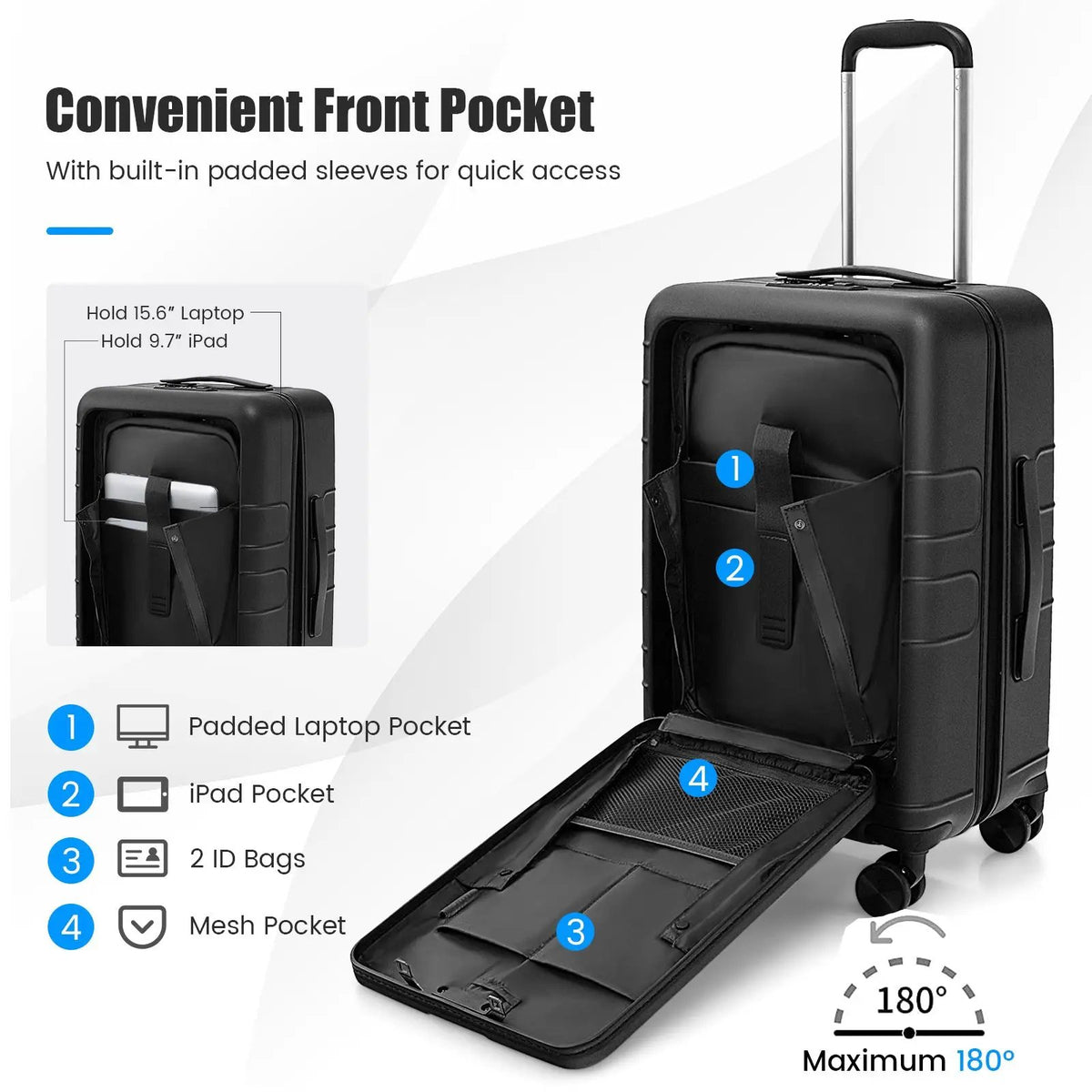 20 Inch Carry-on Luggage PC Hardside Suitcase TSA Lock with Front Pocket and USB Port, photo 4 of 16