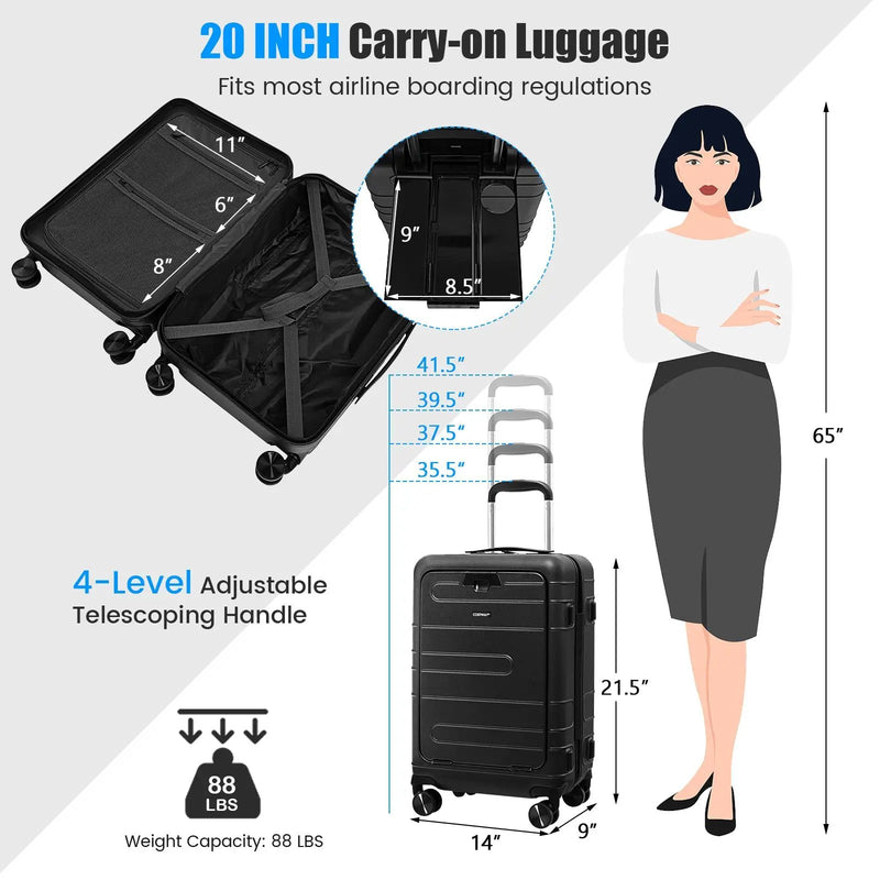 20 Inch Carry-on Luggage PC Hardside Suitcase TSA Lock with Front Pocket and USB Port by DirectDeals