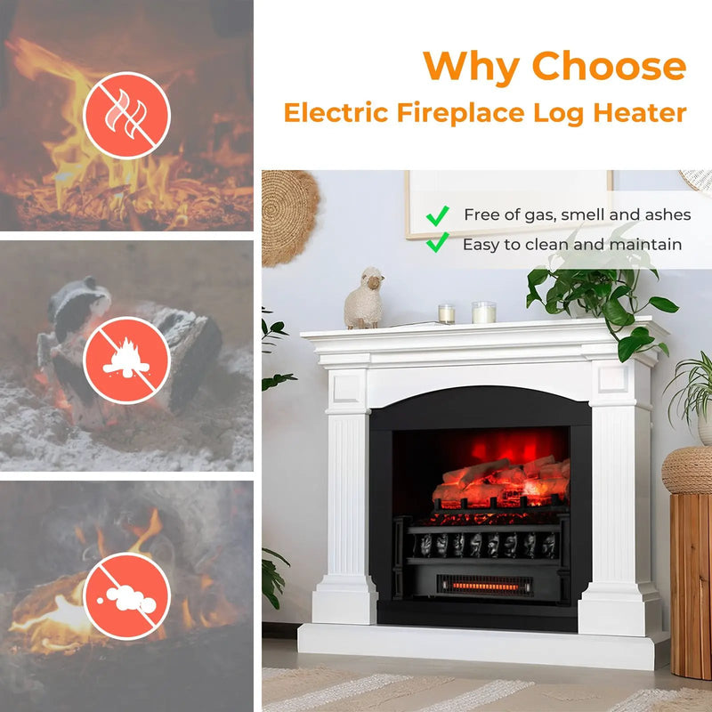 20 Inch Electric Fireplace Heater with Realistic Birchwood Ember Bed-Black by DirectDeals