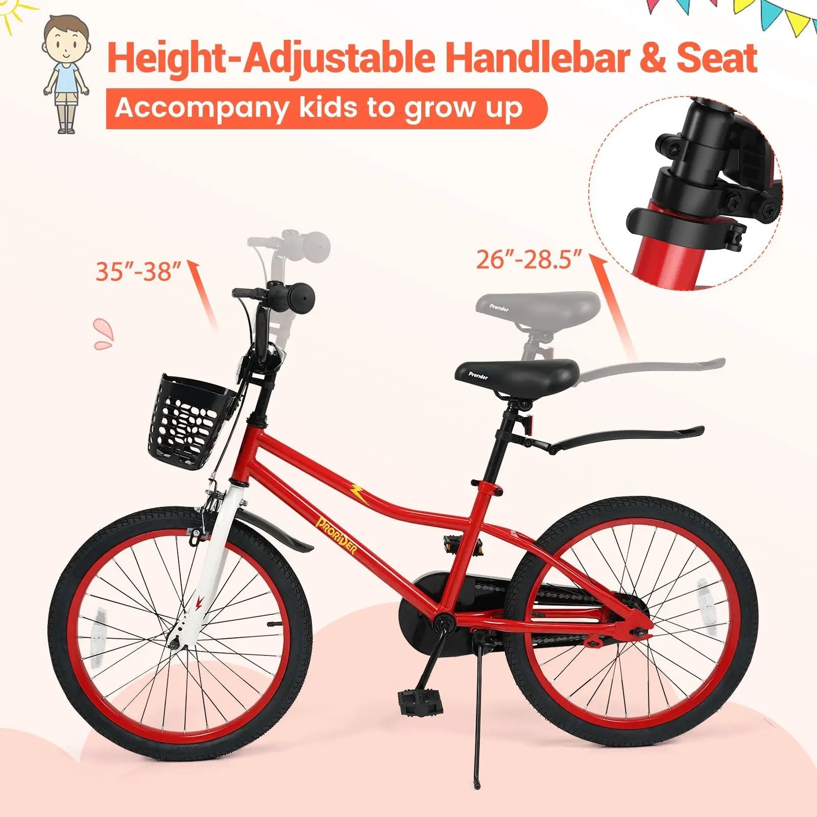 20 Inch Kids Bike Adjustable with Kickstand and Storage Basket for Aged 8+ Years by DirectDeals