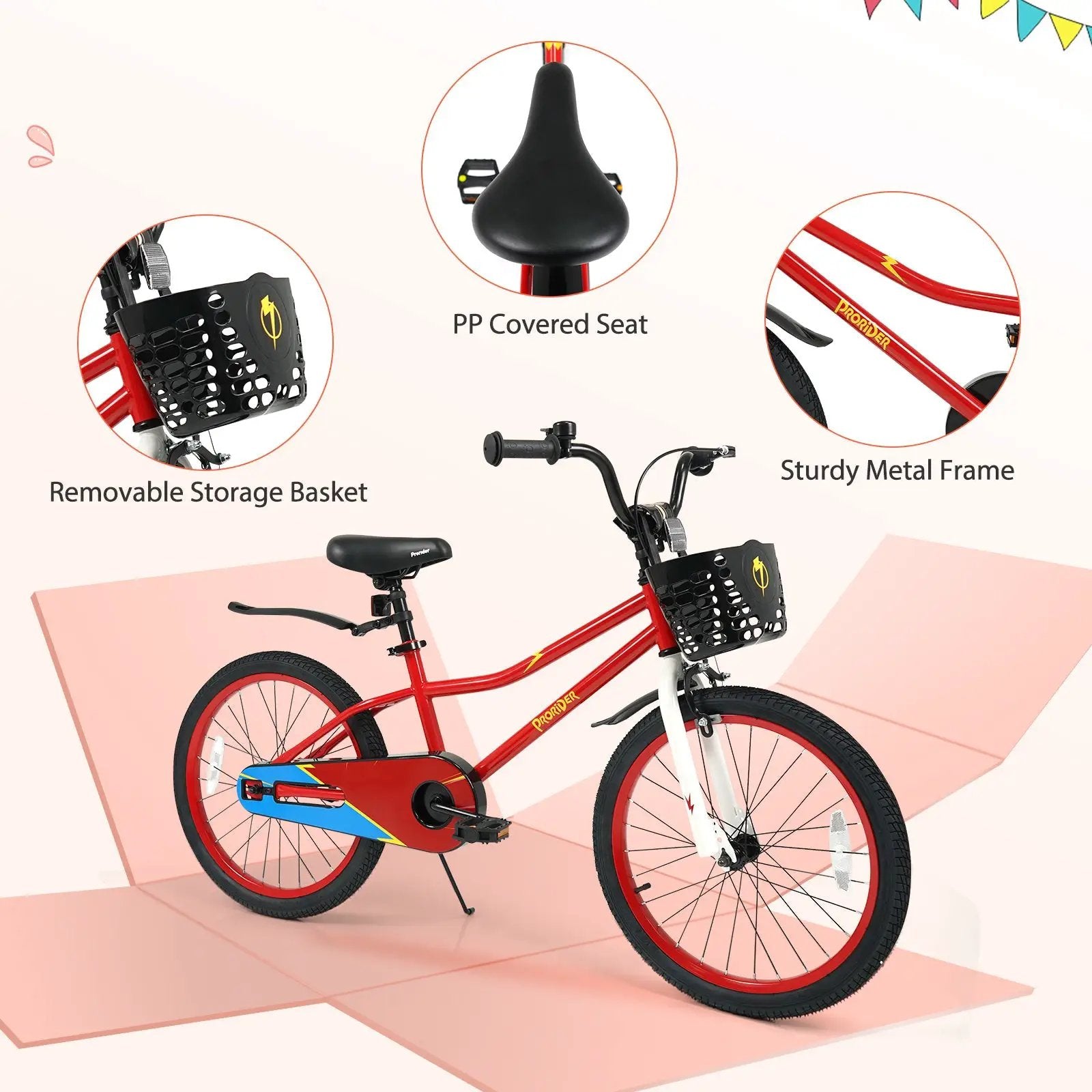 20 Inch Kids Bike Adjustable with Kickstand and Storage Basket for Aged 8+ Years by DirectDeals
