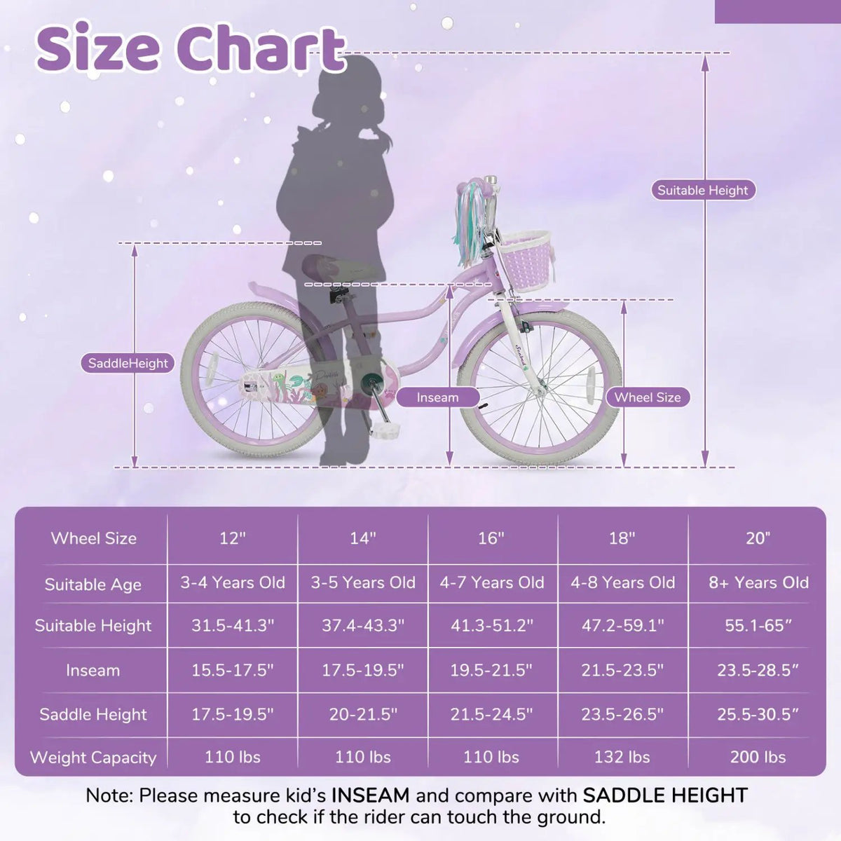 Kids Bike 12-20 Inch with Training Wheels & Basket Purple, photo 29 of 32