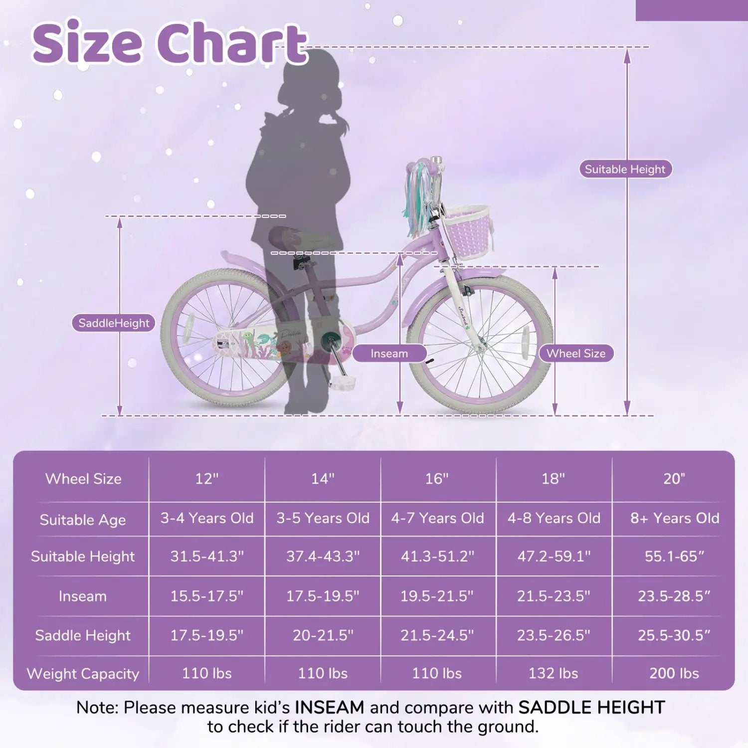 Kids Bike 12-20 Inch with Training Wheels & Basket Purple by DirectDeals