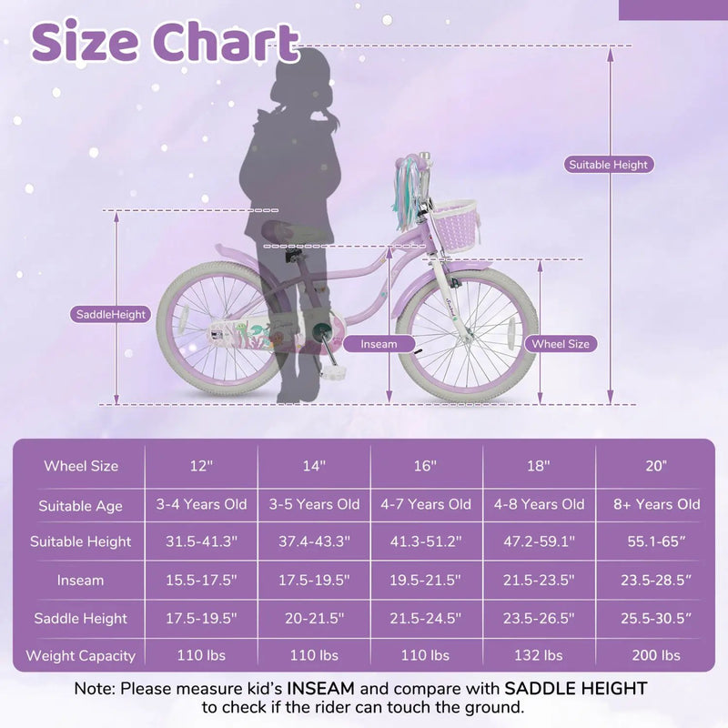 Kids Bike 12-20 Inch with Training Wheels & Basket Purple by DirectDeals