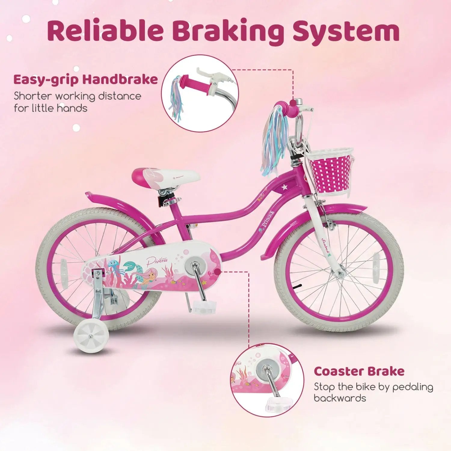 Kids Bike 18-Inch with Training Wheels and Basket Rose Red by DirectDeals