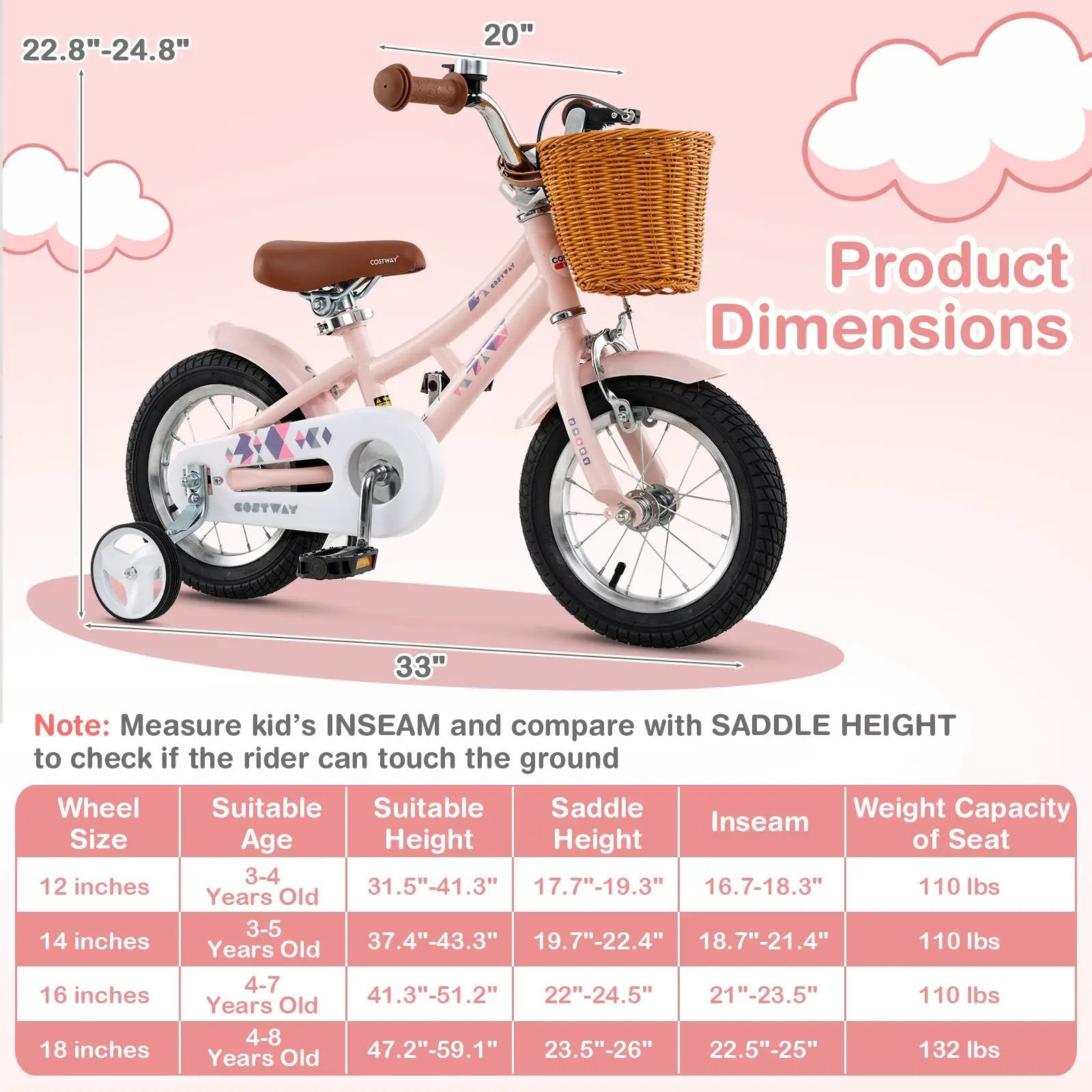 14 Inch Kids Bike Retro Bicycle with Adjustable Height and Basket for Ages 3-5 Years Old- by DirectDeals