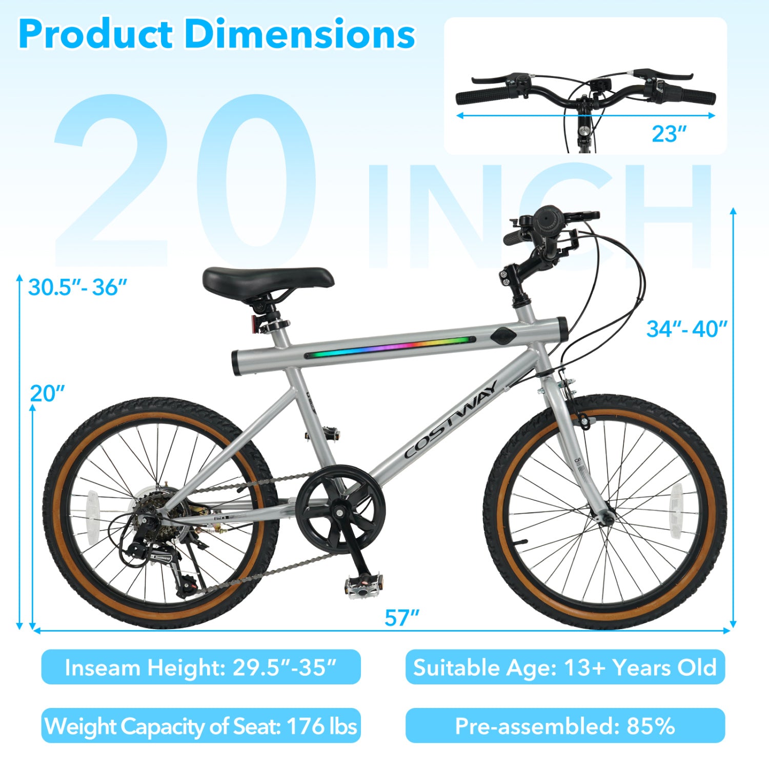20 Inch LED-lit Cycling Bike with 2 Speakers and Ambient Lights for Men and Women by DirectDeals