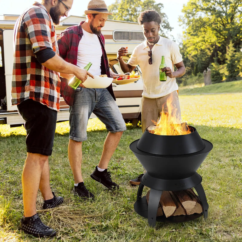 20 Inch Patio Fire Pit Metal Camping Fire Bowl with Pot Holder and Storage Shelf-Black by DirectDeals