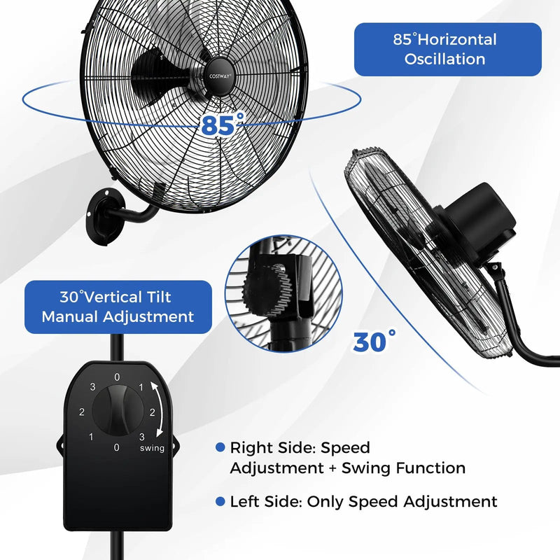20 Inch Wall Mount Fan with 3 Fan Speeds and Adjustable Tilt Head-Black by DirectDeals