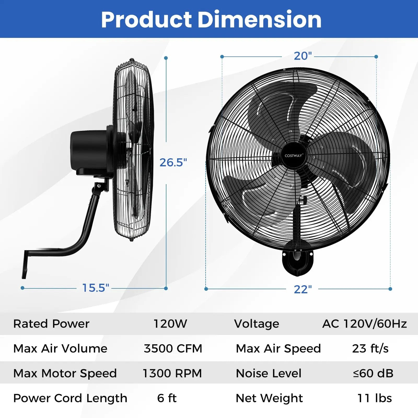 20 Inch Wall Mount Fan with 3 Fan Speeds and Adjustable Tilt Head-Black by DirectDeals