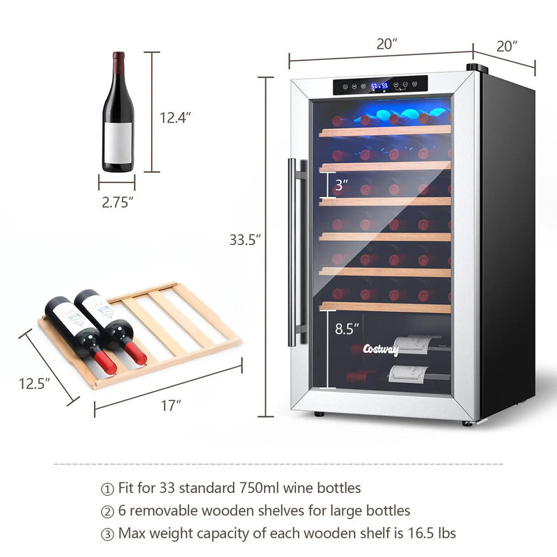20 Inch Wine Refrigerator for 33 Bottles and Tempered Glass Door-Silver by DirectDeals