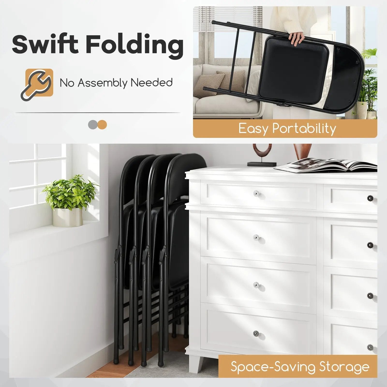 2 Pack Folding Chairs with Metal Frame and PVC Leather for Indoor Outdoor-Black by DirectDeals