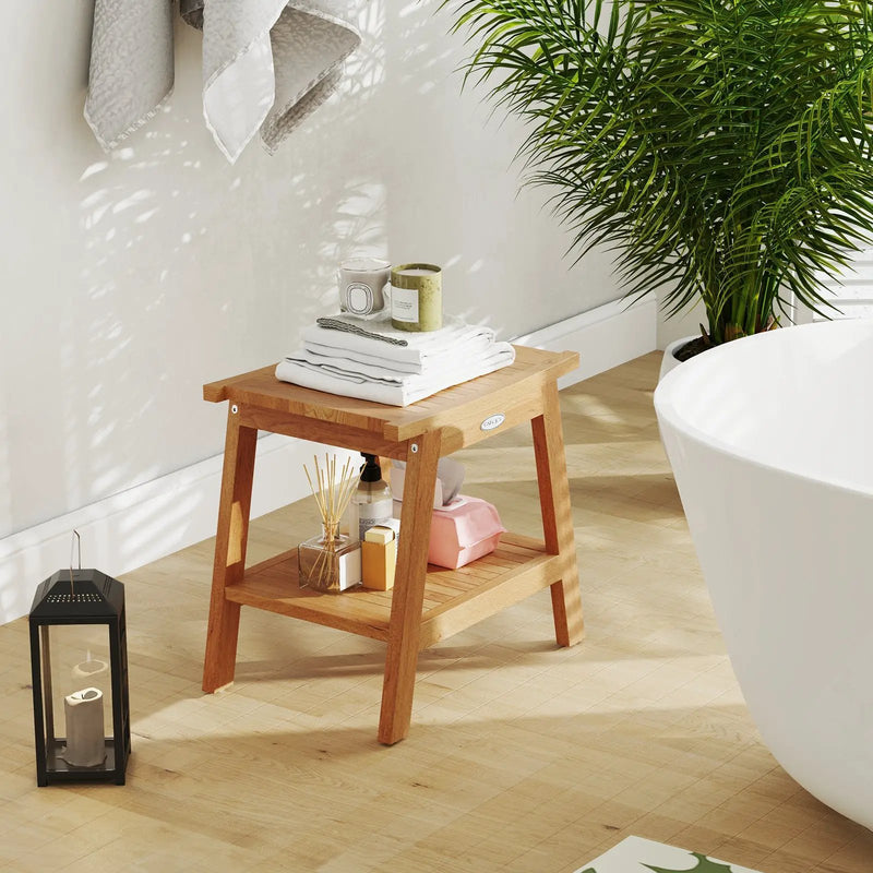 20 Inches Teak Wood Shower Bench with Storage Shelf and Adjustable Foot Pads by DirectDeals