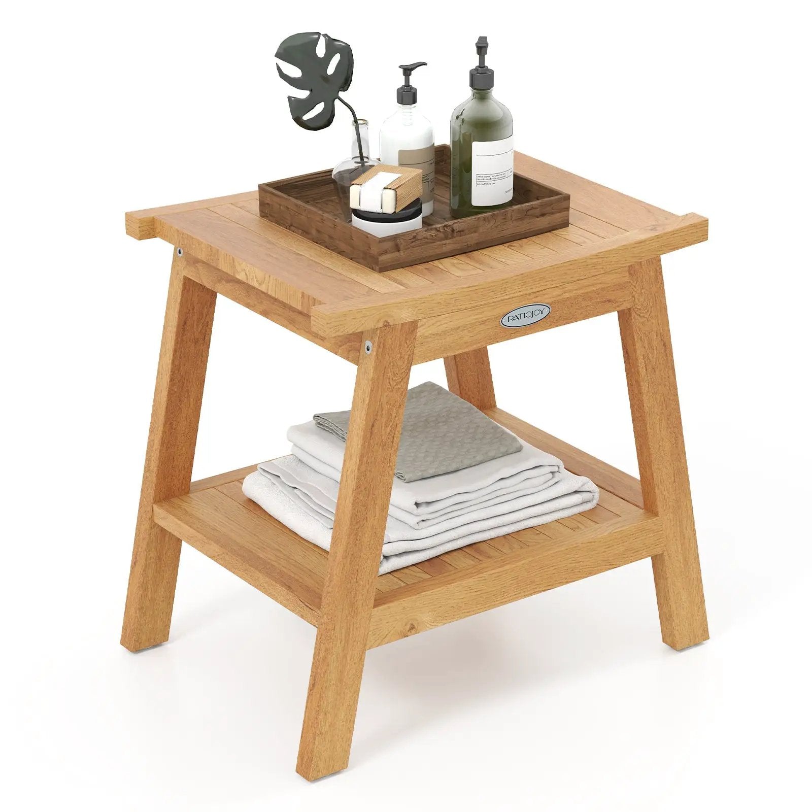 20 Inches Teak Wood Shower Bench with Storage Shelf and Adjustable Foot Pads by DirectDeals
