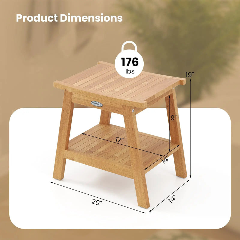 20 Inches Teak Wood Shower Bench with Storage Shelf and Adjustable Foot Pads by DirectDeals