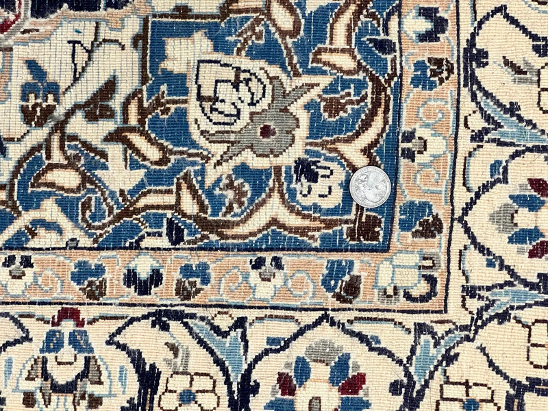 Persian Nain Rug 4x6, Floral, Hand Knotted Vintage Wool & Silk Highlights, Signature from Masterweaver, Navy Blue and Ivory by Jewel Rugs