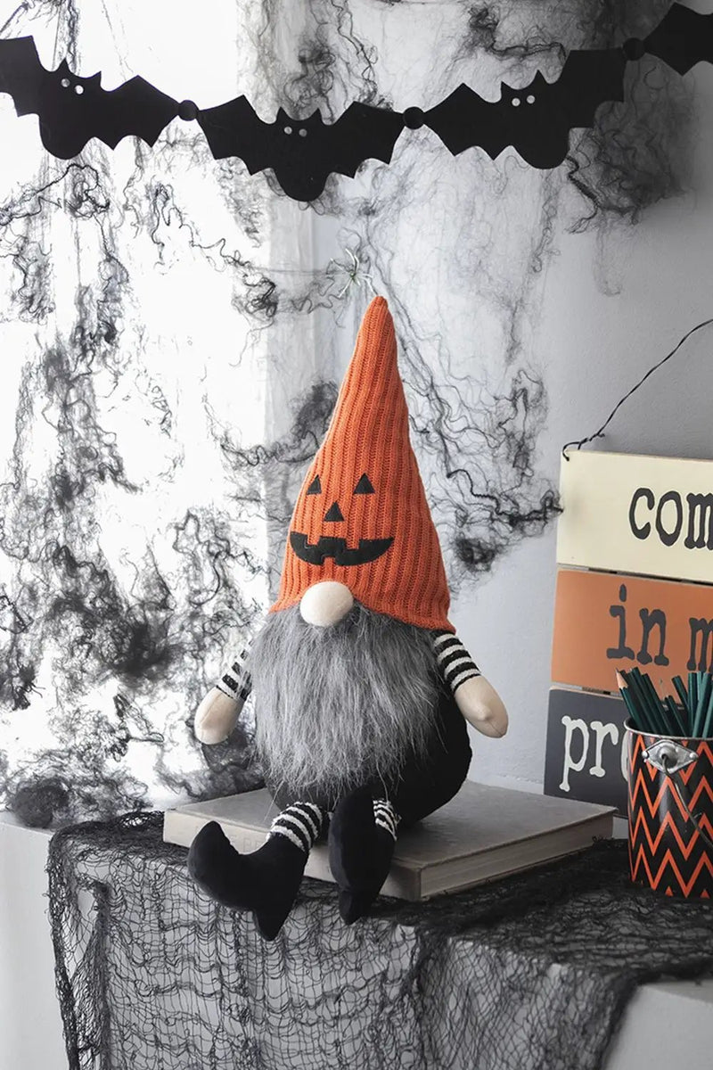 Sitting Gnome With Knit Hat, For Halloween Decor - Black / Orange / White by Unique Piece Furniture