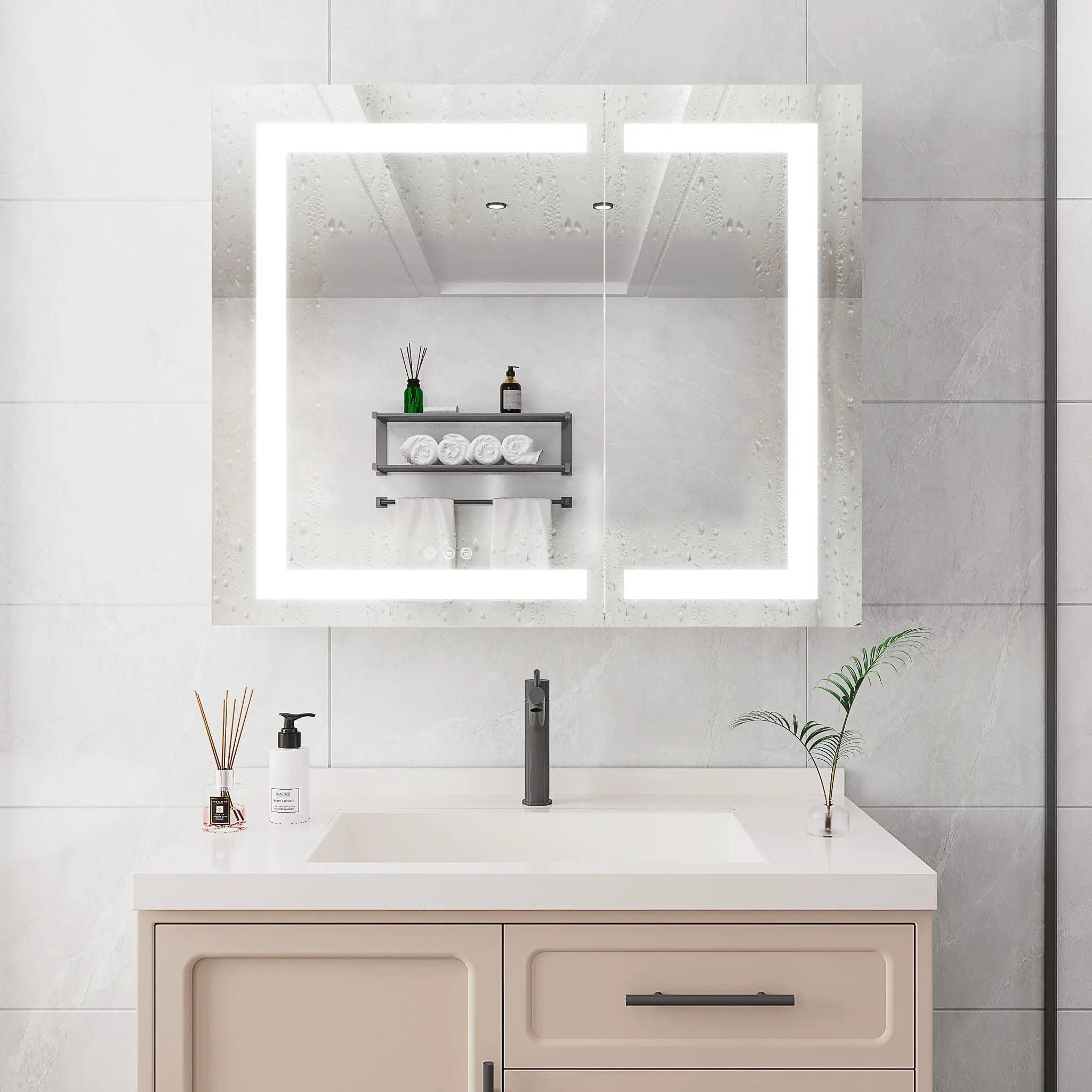 36" X 30" Medicine Cabinet With LED Vanity Mirror, Anti-Fog Recessed Or Surface Mount Bathroom Double Door Large Storage 3000K~6000K Bright Lighted Aluminum Storage Cabinet With Touch Switch - Silver by HouseOfZazla