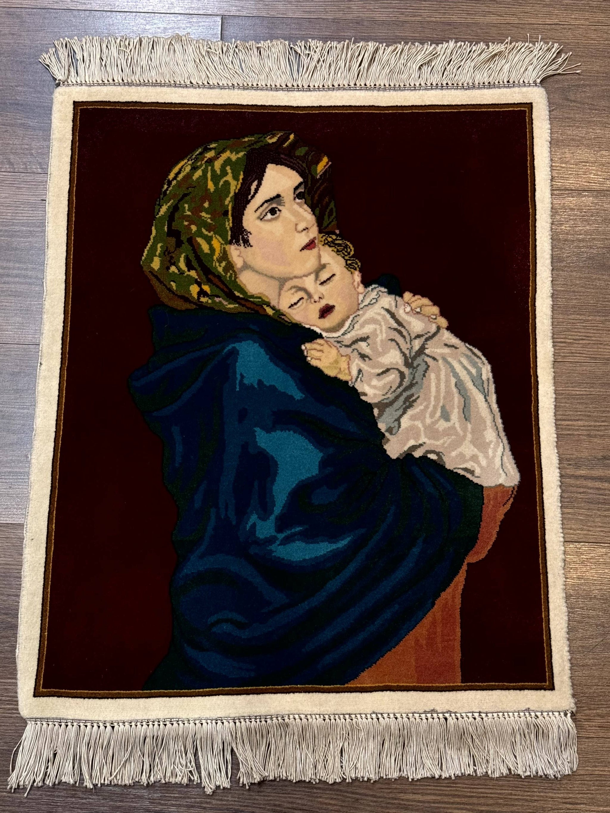 Small Persian Tabriz Pictorial Rug 2x2, Mother Holding Child, Very Fine 340 KPSI, Maroon by Jewel Rugs