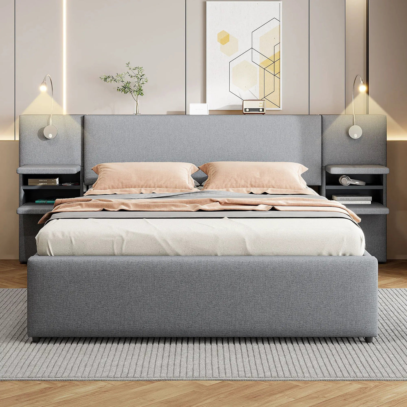 Upholstered Platform Bed With Reading Lights, Drawers, Trundle And Shelves by Unique Piece Furniture